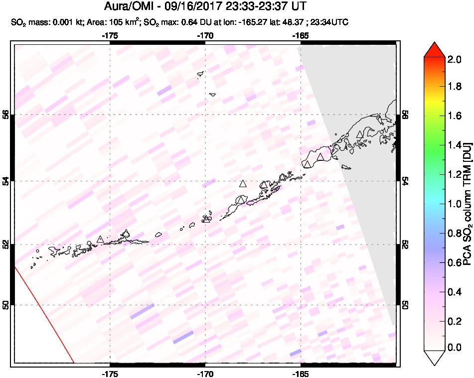 A sulfur dioxide image over Aleutian Islands, Alaska, USA on Sep 16, 2017.