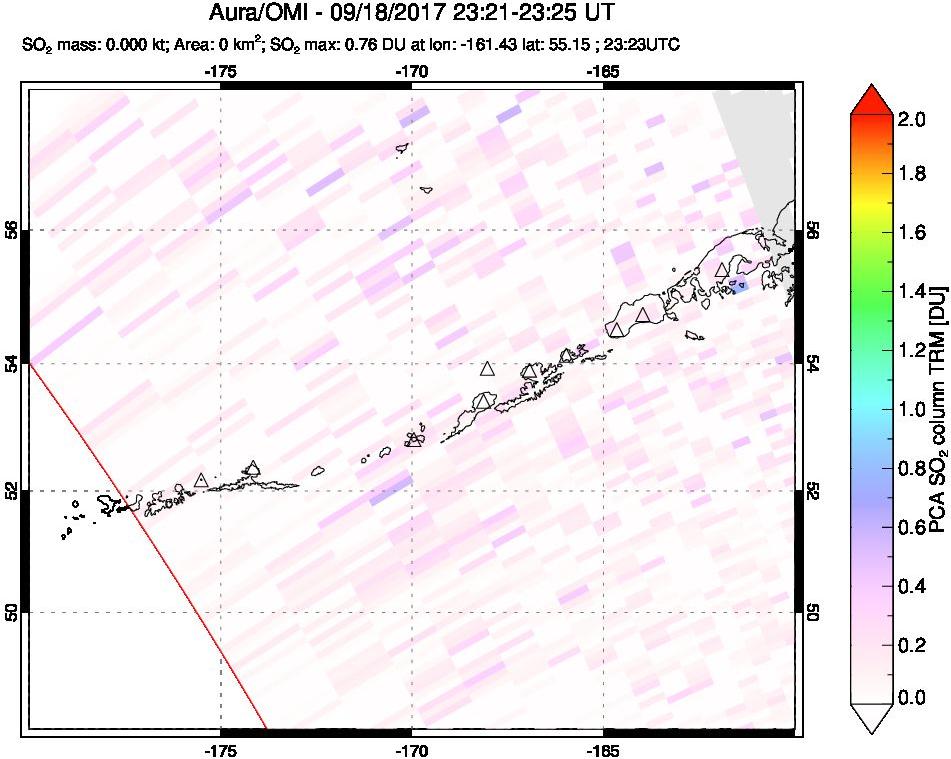 A sulfur dioxide image over Aleutian Islands, Alaska, USA on Sep 18, 2017.