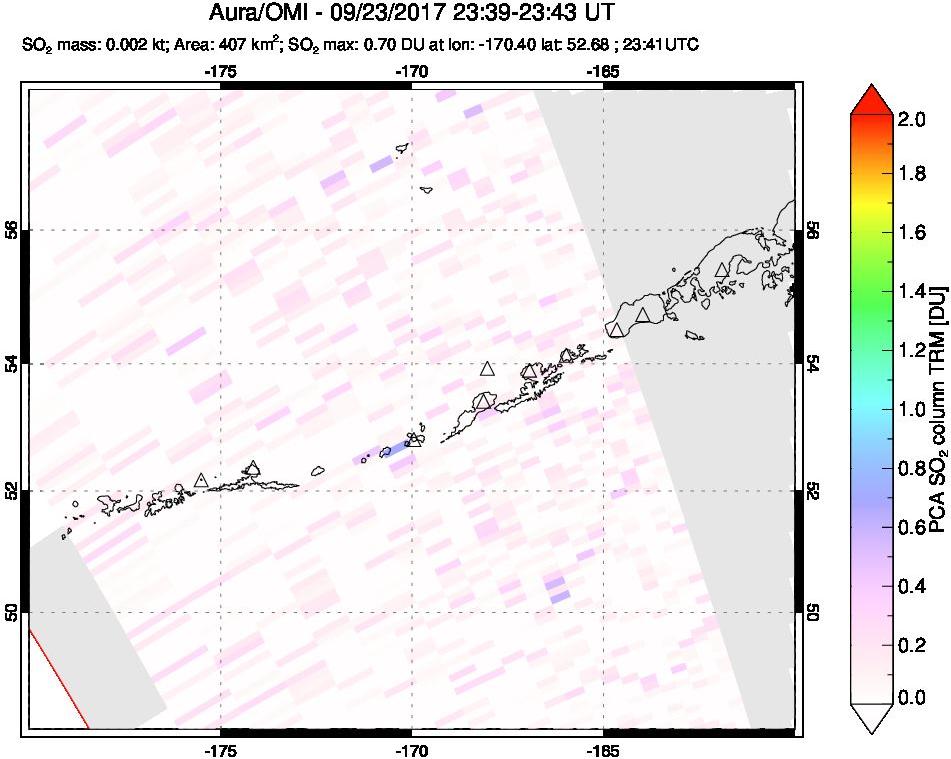 A sulfur dioxide image over Aleutian Islands, Alaska, USA on Sep 23, 2017.