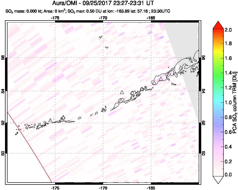 A sulfur dioxide image over Aleutian Islands, Alaska, USA on Sep 25, 2017.