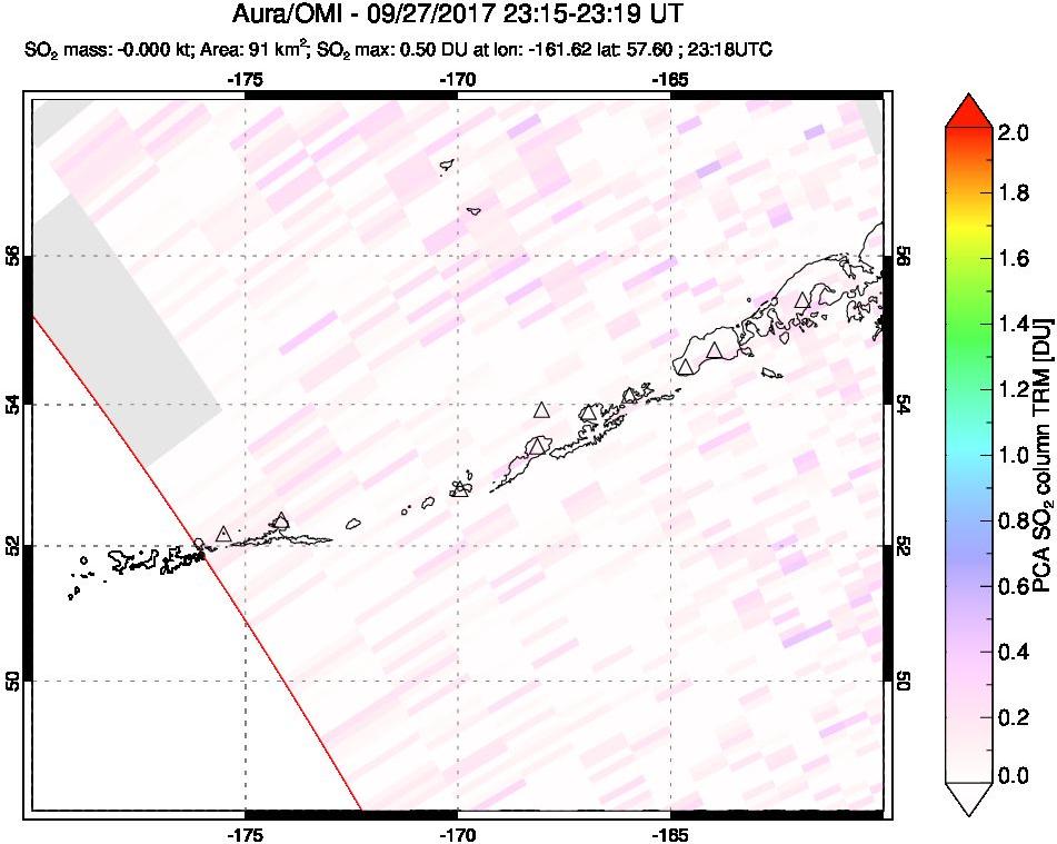 A sulfur dioxide image over Aleutian Islands, Alaska, USA on Sep 27, 2017.