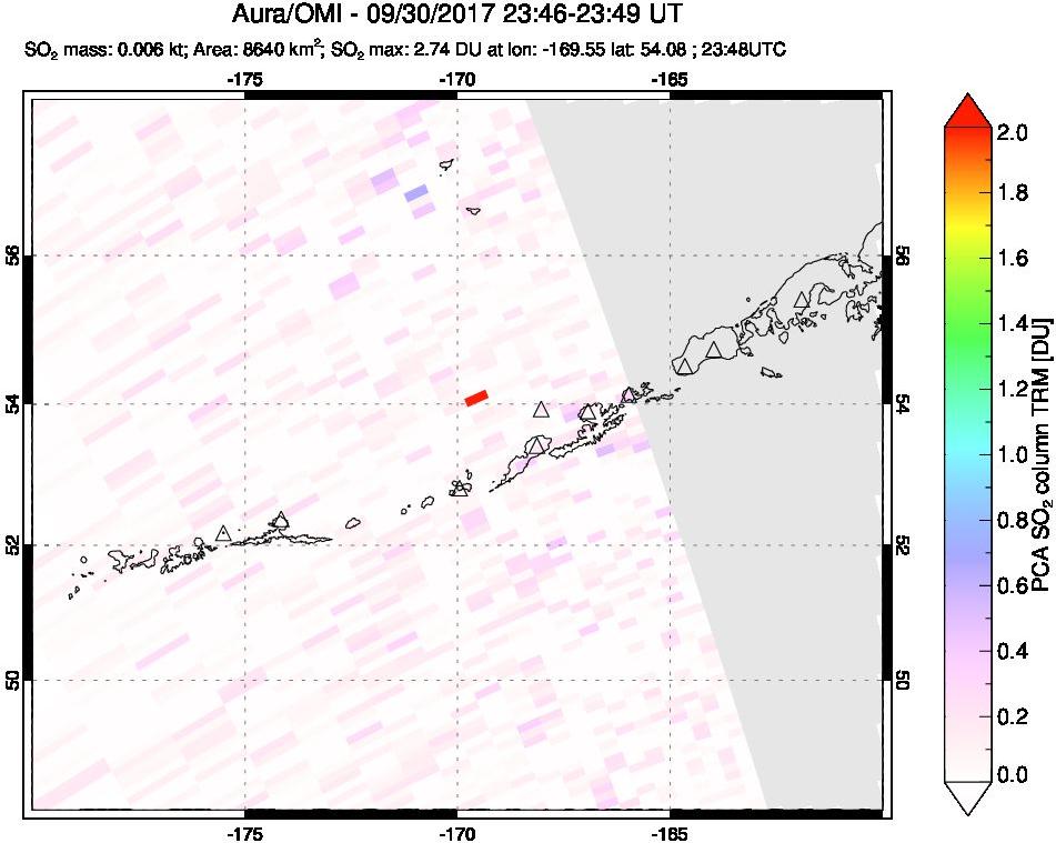 A sulfur dioxide image over Aleutian Islands, Alaska, USA on Sep 30, 2017.