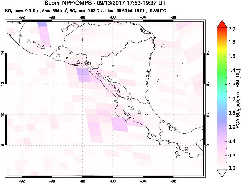 A sulfur dioxide image over Central America on Sep 13, 2017.
