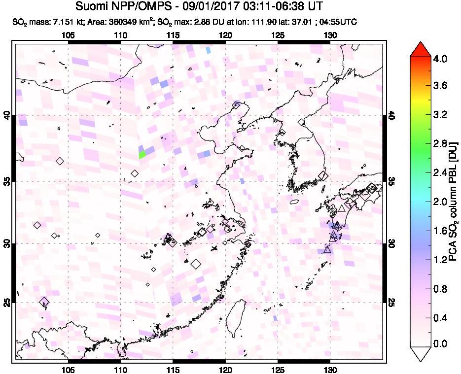 A sulfur dioxide image over Eastern China on Sep 01, 2017.
