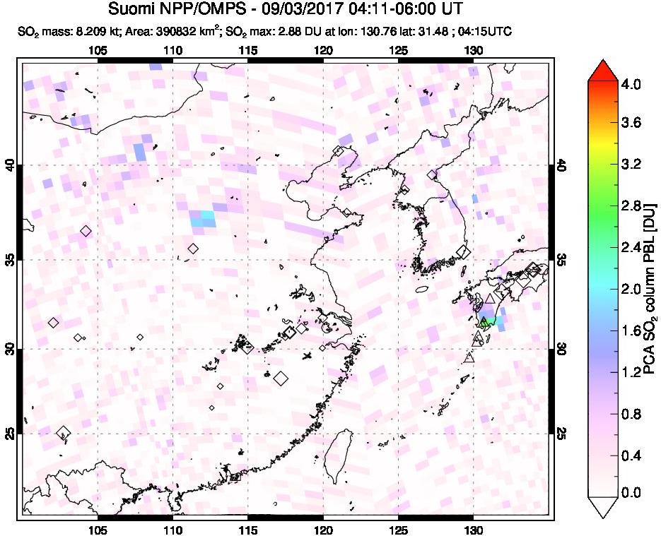 A sulfur dioxide image over Eastern China on Sep 03, 2017.
