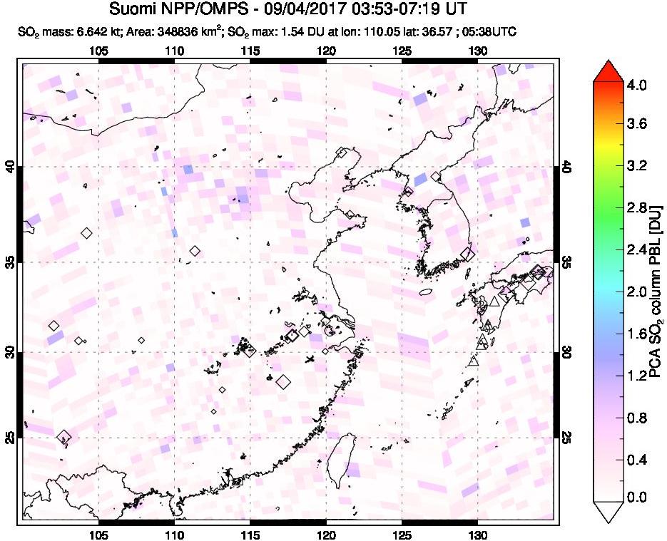 A sulfur dioxide image over Eastern China on Sep 04, 2017.
