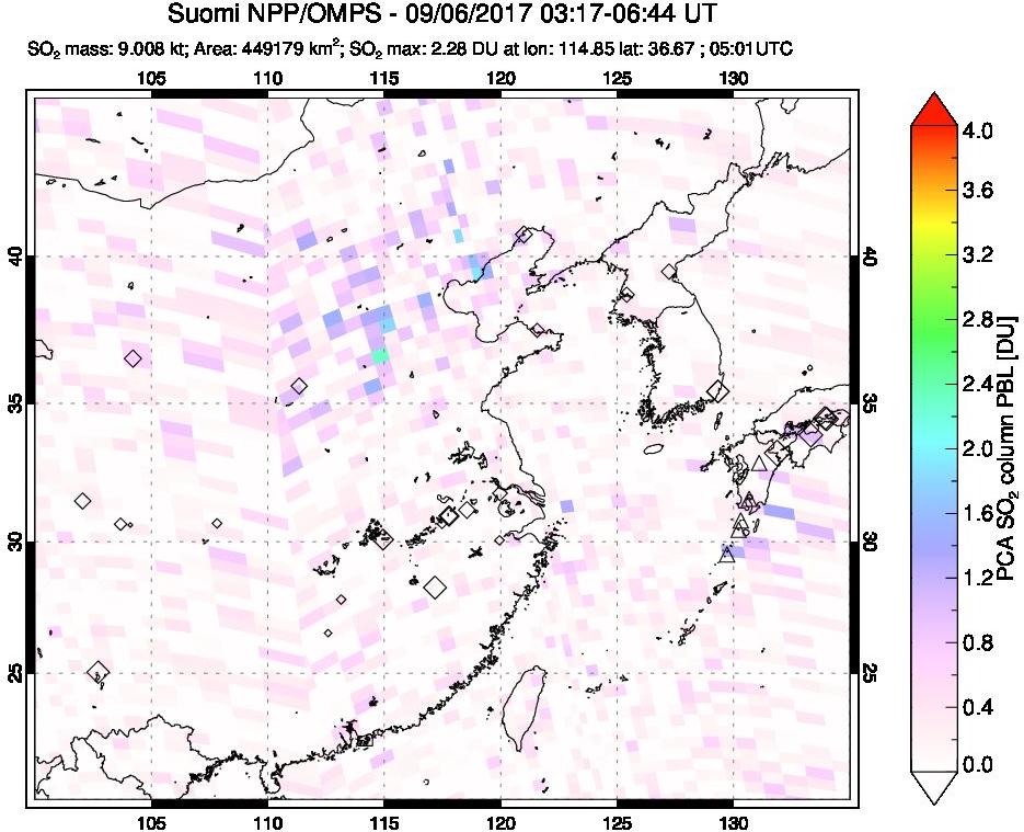 A sulfur dioxide image over Eastern China on Sep 06, 2017.