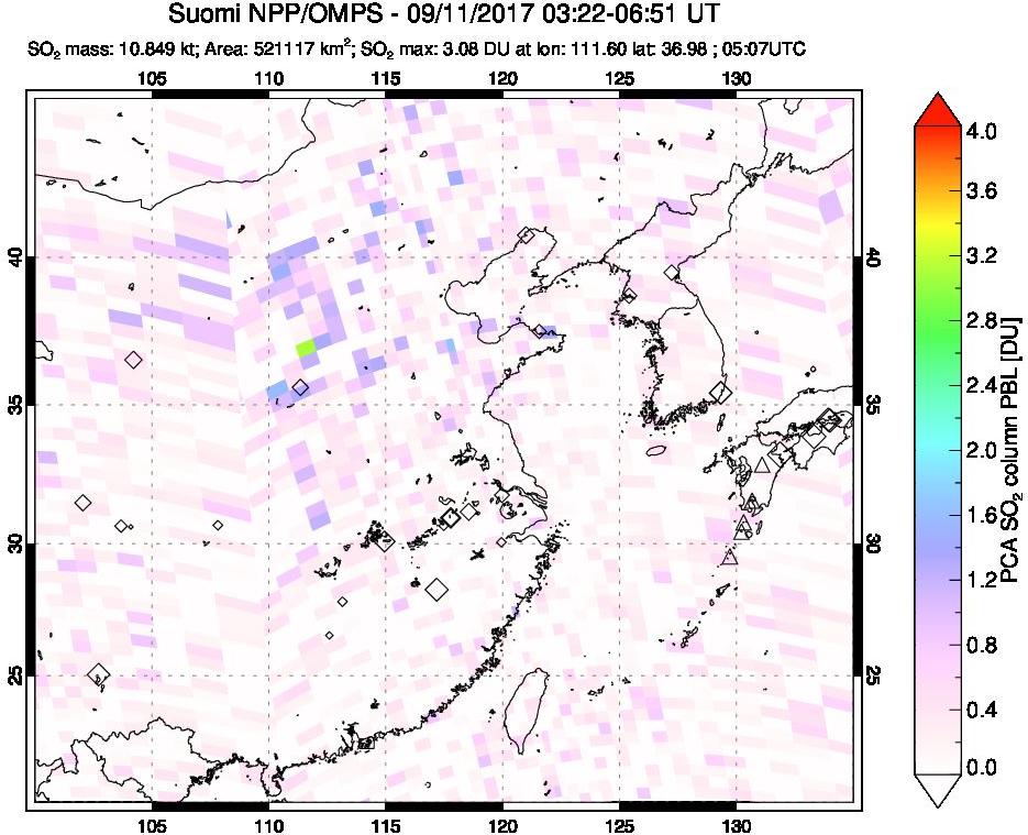 A sulfur dioxide image over Eastern China on Sep 11, 2017.