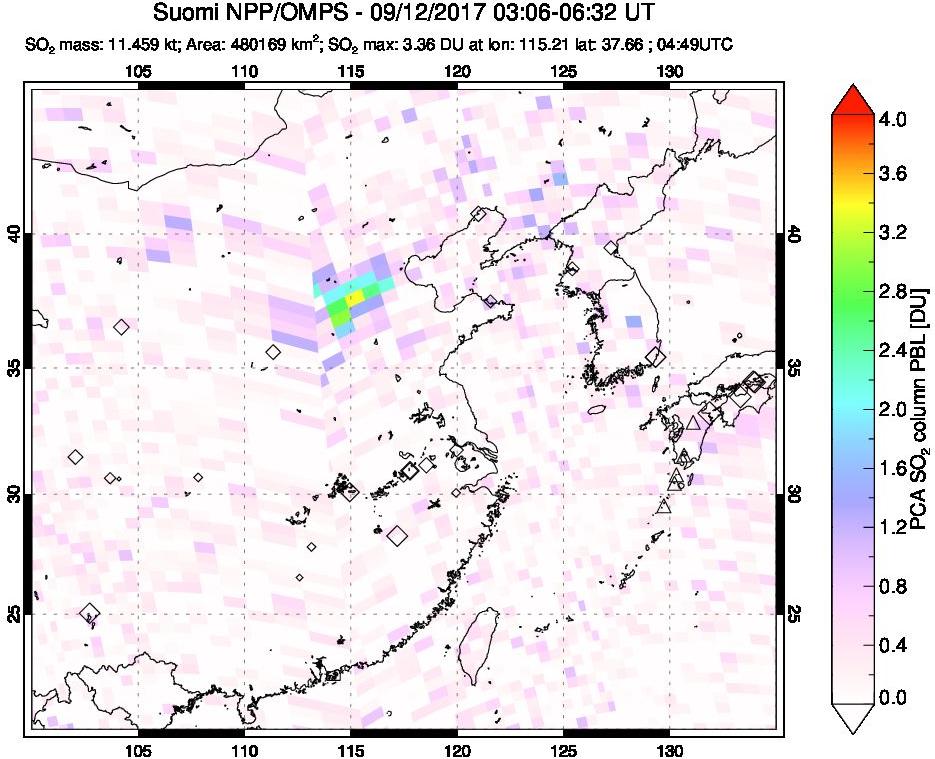 A sulfur dioxide image over Eastern China on Sep 12, 2017.