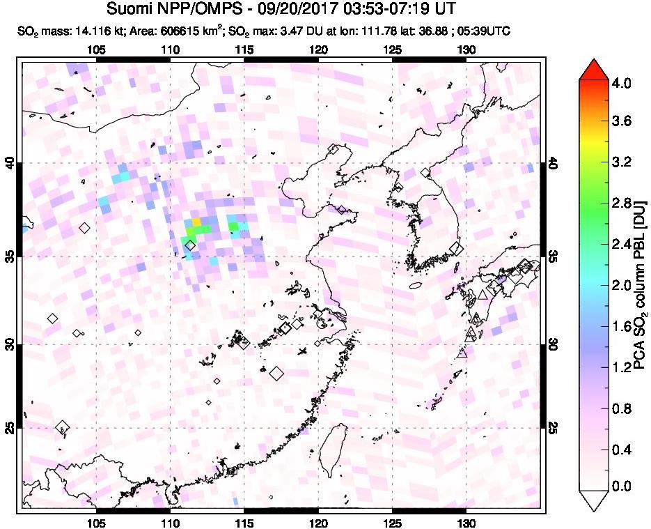 A sulfur dioxide image over Eastern China on Sep 20, 2017.