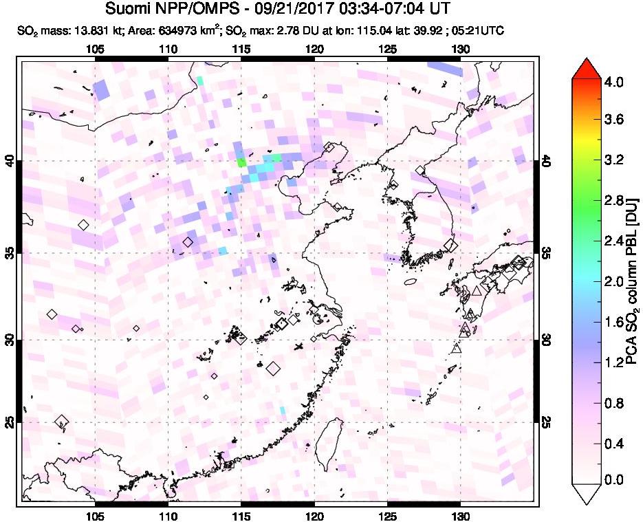 A sulfur dioxide image over Eastern China on Sep 21, 2017.