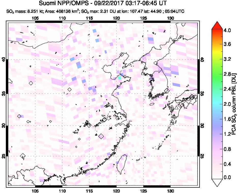 A sulfur dioxide image over Eastern China on Sep 22, 2017.