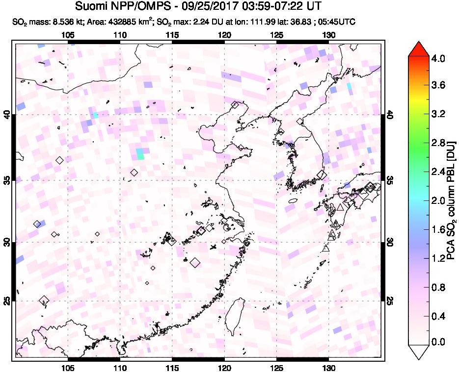 A sulfur dioxide image over Eastern China on Sep 25, 2017.