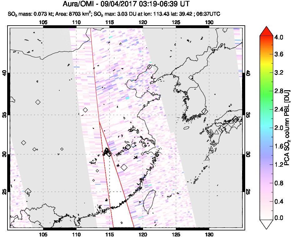 A sulfur dioxide image over Eastern China on Sep 04, 2017.