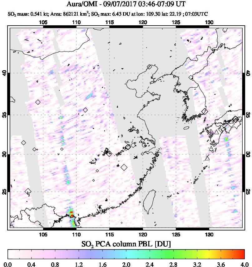 A sulfur dioxide image over Eastern China on Sep 07, 2017.