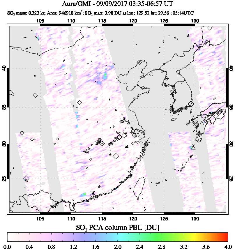 A sulfur dioxide image over Eastern China on Sep 09, 2017.