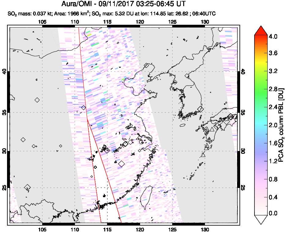 A sulfur dioxide image over Eastern China on Sep 11, 2017.