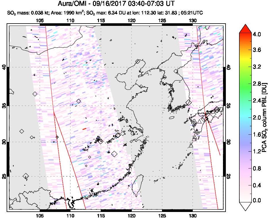 A sulfur dioxide image over Eastern China on Sep 16, 2017.