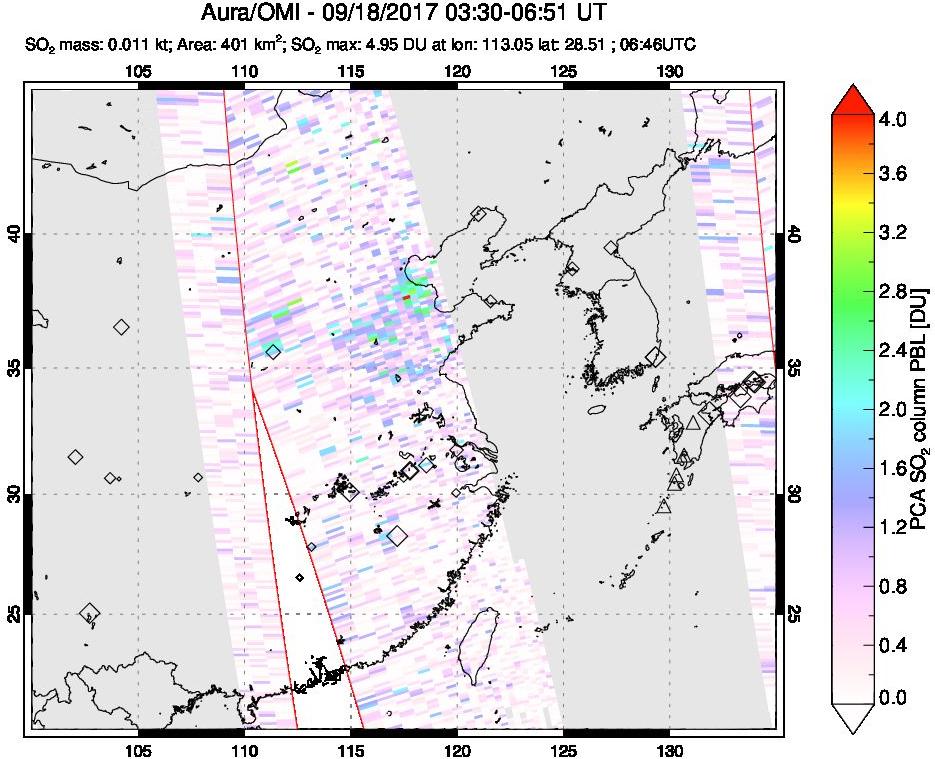 A sulfur dioxide image over Eastern China on Sep 18, 2017.