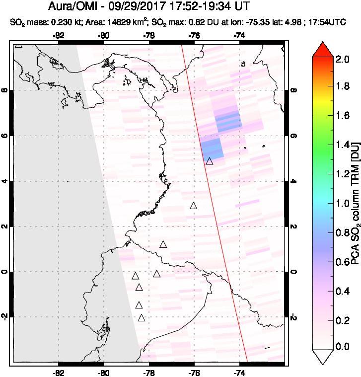 A sulfur dioxide image over Ecuador on Sep 29, 2017.