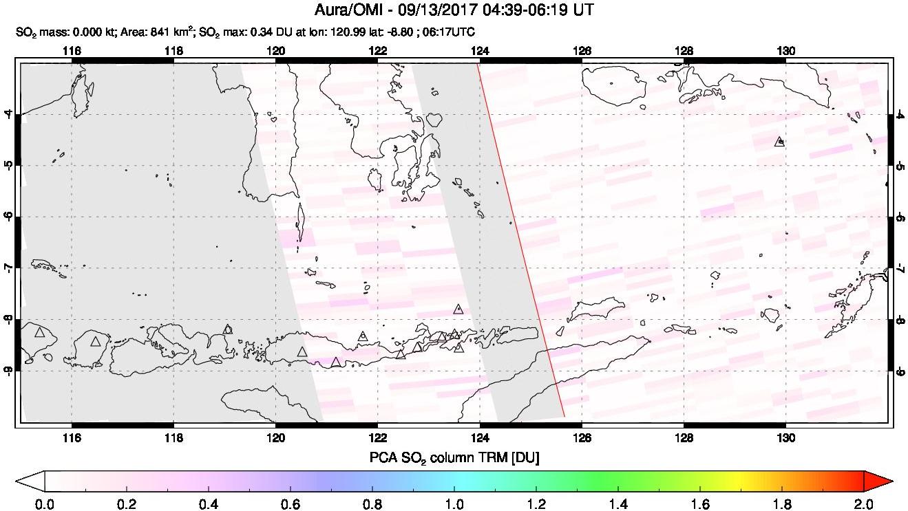 A sulfur dioxide image over Lesser Sunda Islands, Indonesia on Sep 13, 2017.