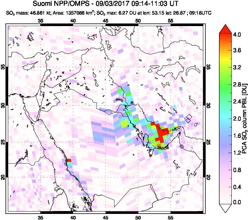 A sulfur dioxide image over Middle East on Sep 03, 2017.