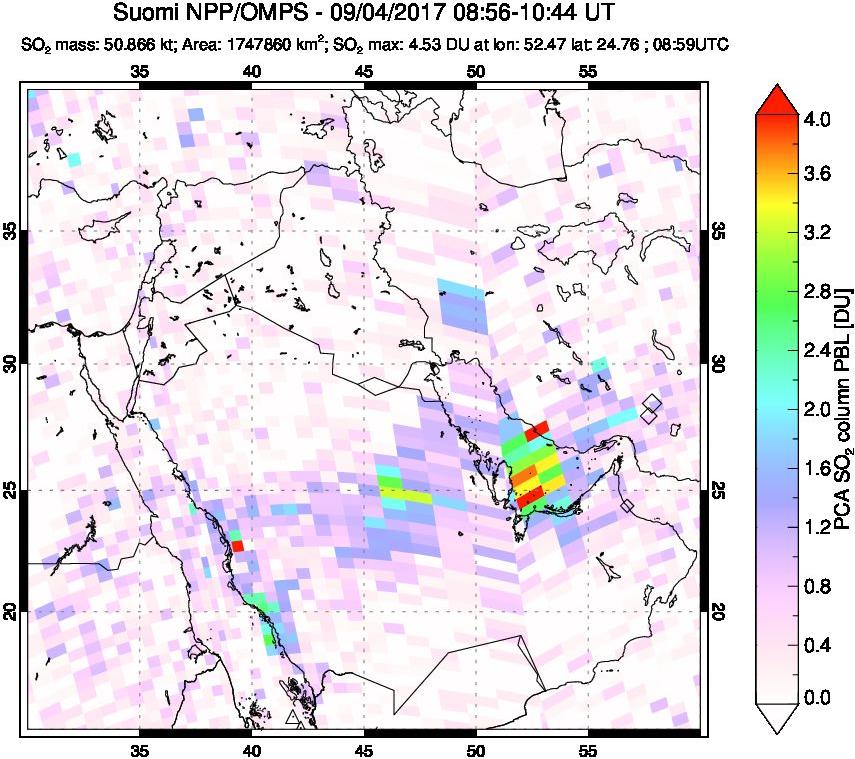 A sulfur dioxide image over Middle East on Sep 04, 2017.