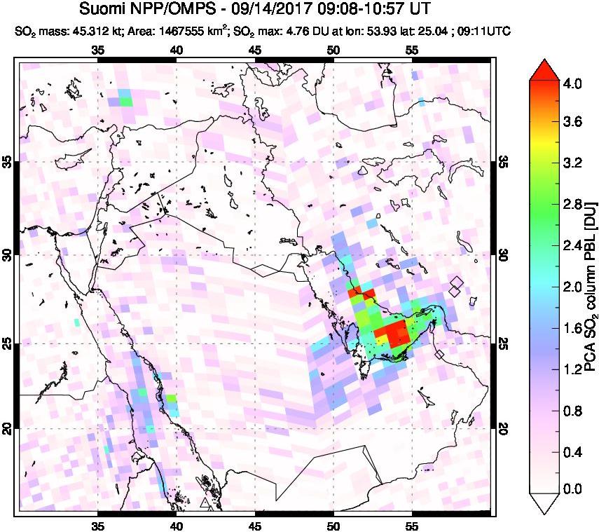 A sulfur dioxide image over Middle East on Sep 14, 2017.
