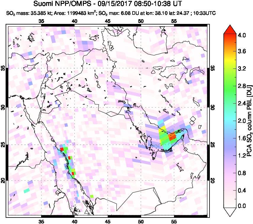 A sulfur dioxide image over Middle East on Sep 15, 2017.