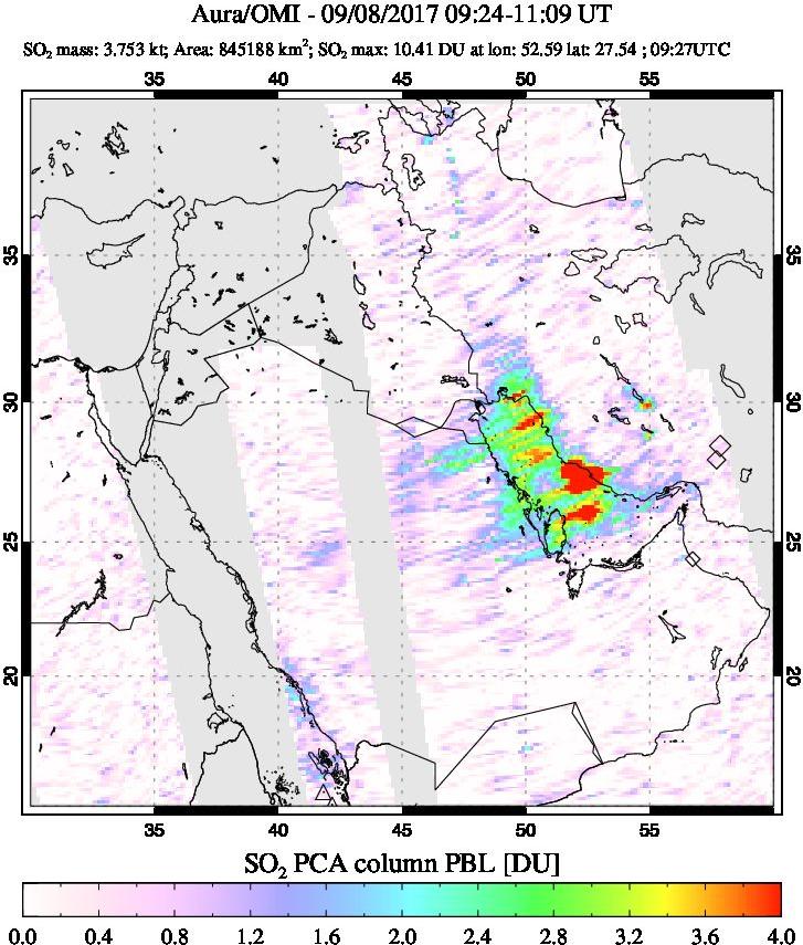 A sulfur dioxide image over Middle East on Sep 08, 2017.