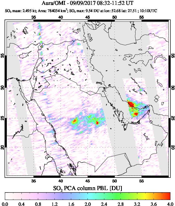 A sulfur dioxide image over Middle East on Sep 09, 2017.