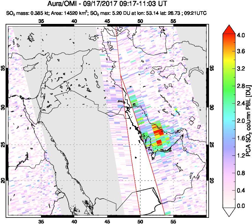 A sulfur dioxide image over Middle East on Sep 17, 2017.