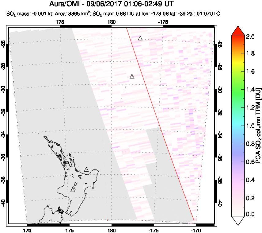A sulfur dioxide image over New Zealand on Sep 06, 2017.
