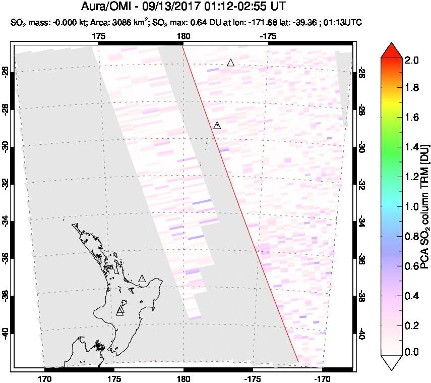 A sulfur dioxide image over New Zealand on Sep 13, 2017.