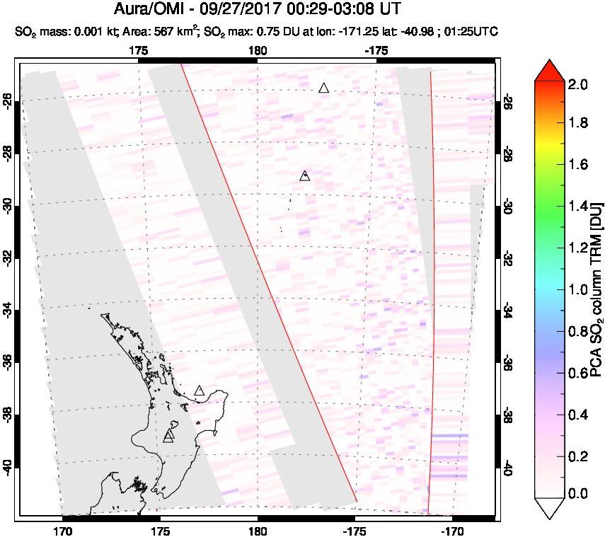A sulfur dioxide image over New Zealand on Sep 27, 2017.