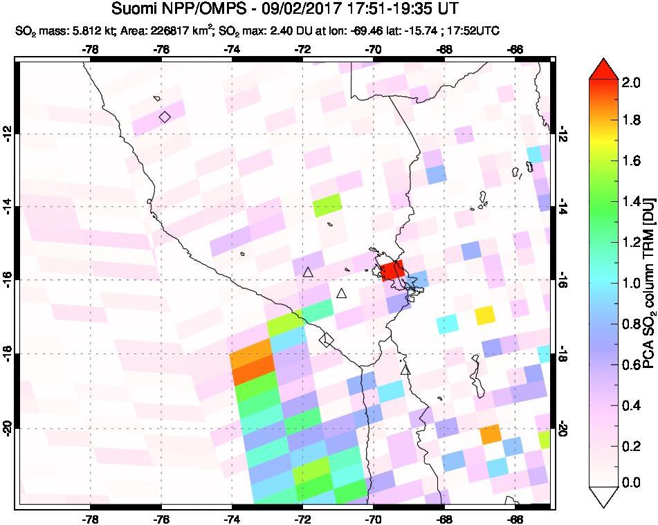 A sulfur dioxide image over Peru on Sep 02, 2017.
