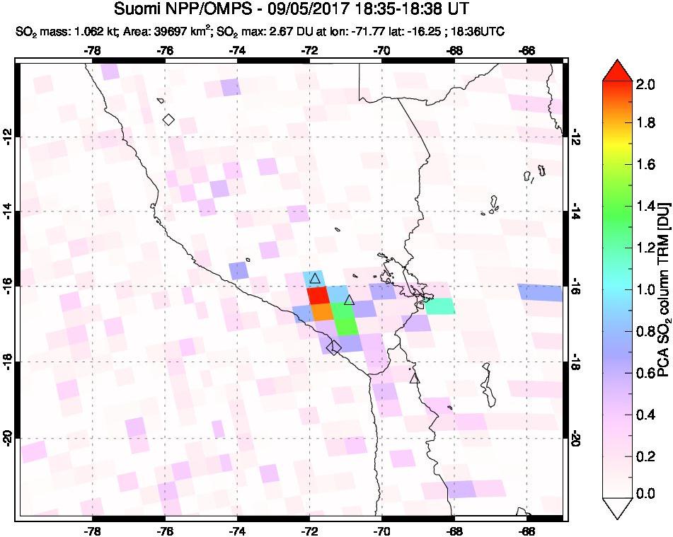 A sulfur dioxide image over Peru on Sep 05, 2017.