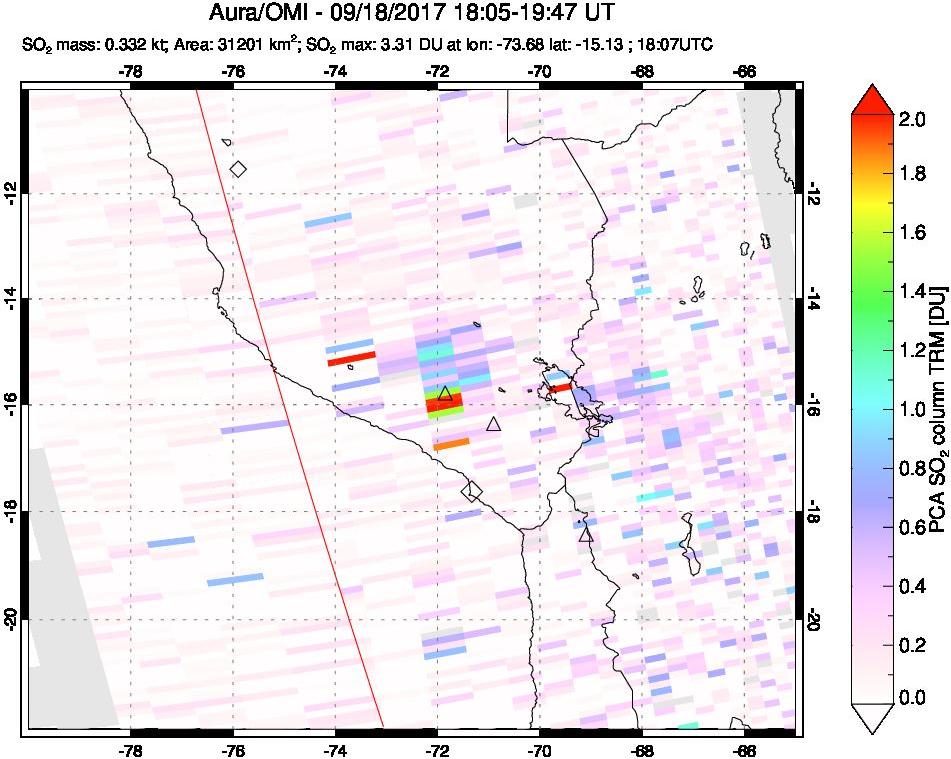 A sulfur dioxide image over Peru on Sep 18, 2017.