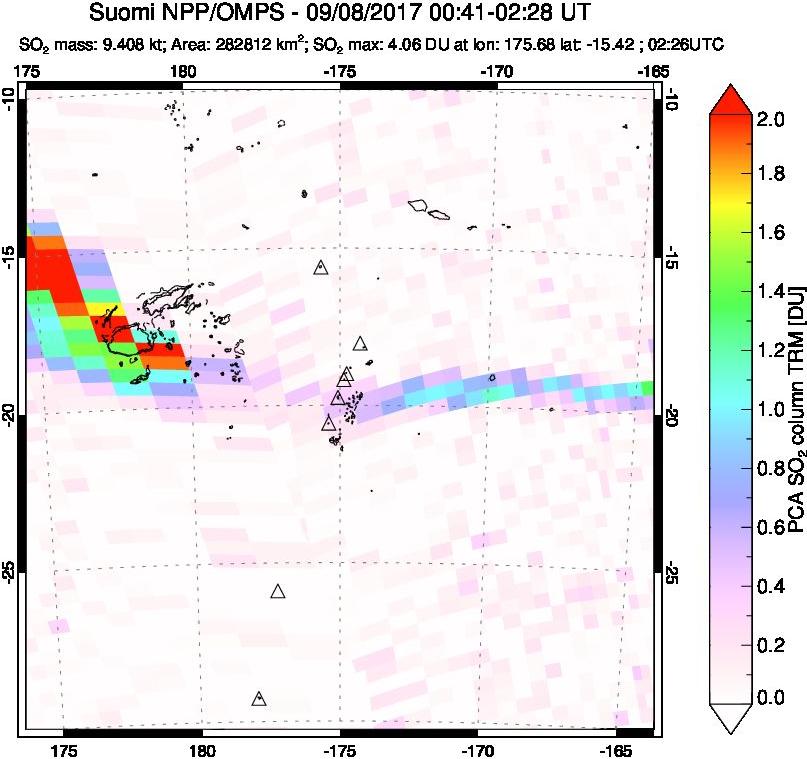A sulfur dioxide image over Tonga, South Pacific on Sep 08, 2017.