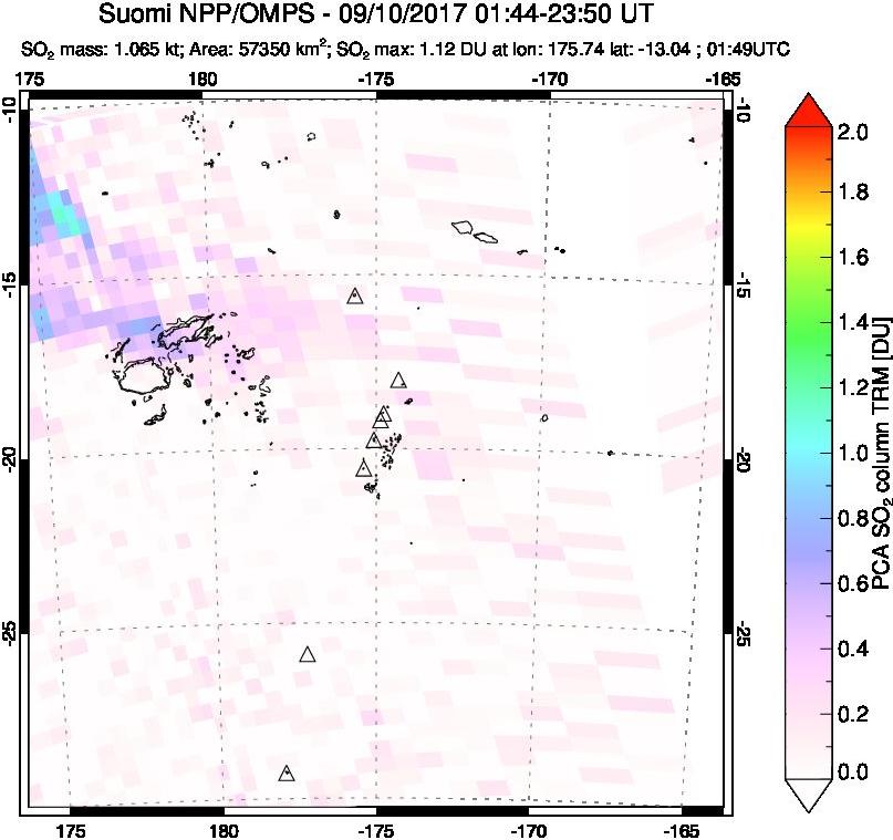 A sulfur dioxide image over Tonga, South Pacific on Sep 10, 2017.