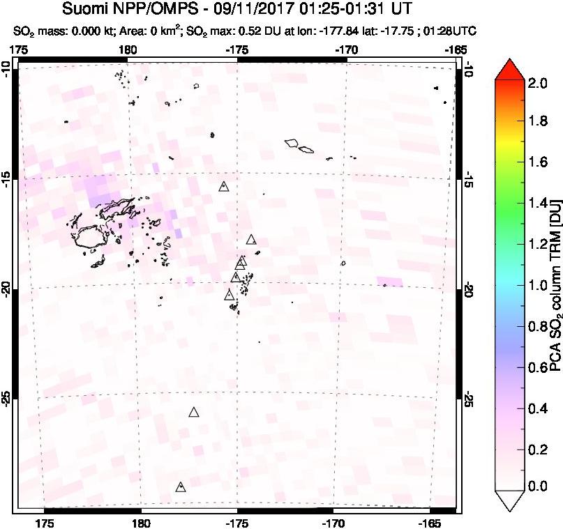A sulfur dioxide image over Tonga, South Pacific on Sep 11, 2017.