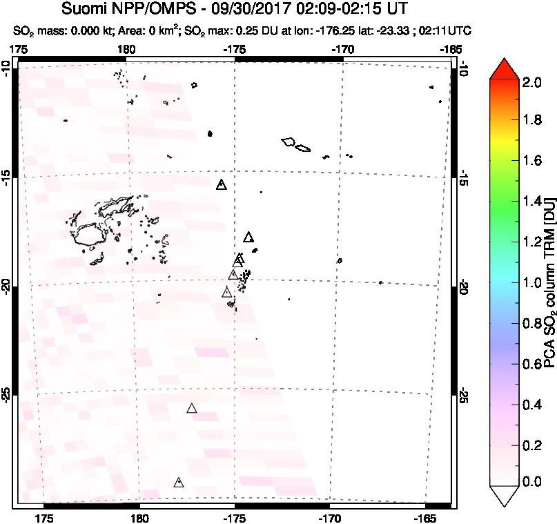 A sulfur dioxide image over Tonga, South Pacific on Sep 30, 2017.