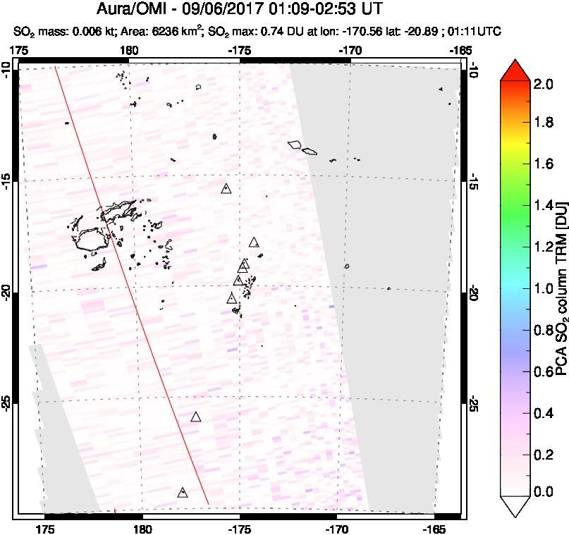 A sulfur dioxide image over Tonga, South Pacific on Sep 06, 2017.