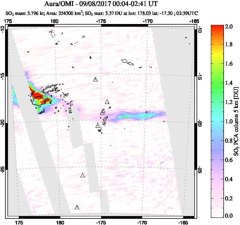 A sulfur dioxide image over Tonga, South Pacific on Sep 08, 2017.