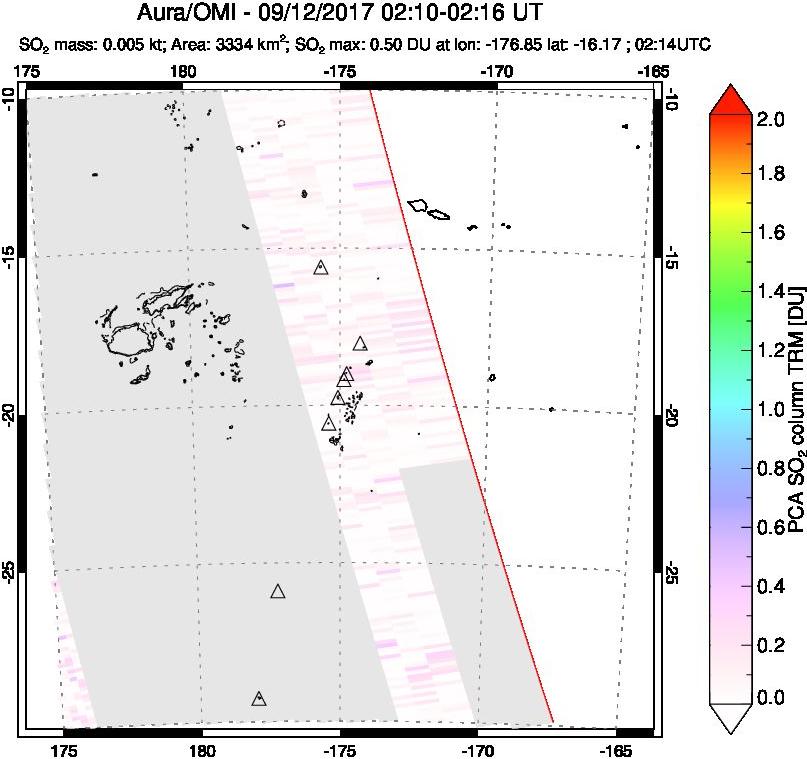 A sulfur dioxide image over Tonga, South Pacific on Sep 12, 2017.