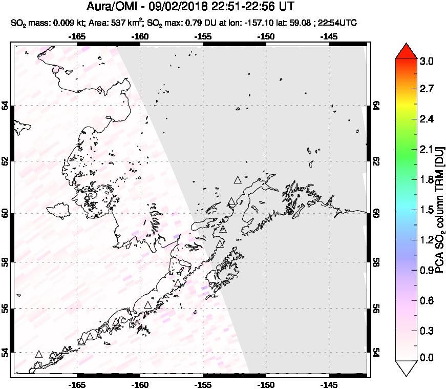 A sulfur dioxide image over Alaska, USA on Sep 02, 2018.