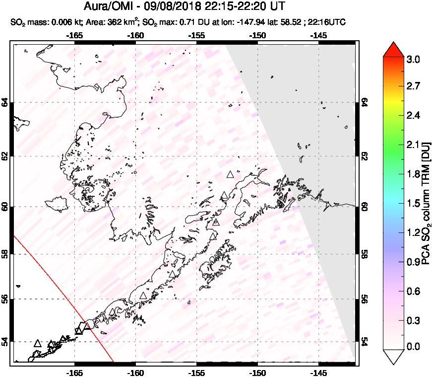 A sulfur dioxide image over Alaska, USA on Sep 08, 2018.