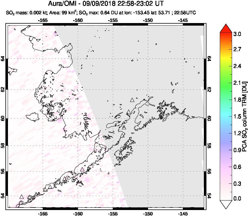 A sulfur dioxide image over Alaska, USA on Sep 09, 2018.