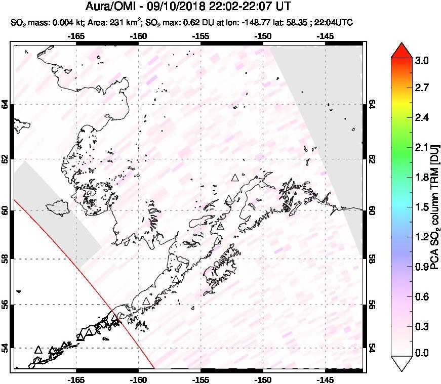 A sulfur dioxide image over Alaska, USA on Sep 10, 2018.