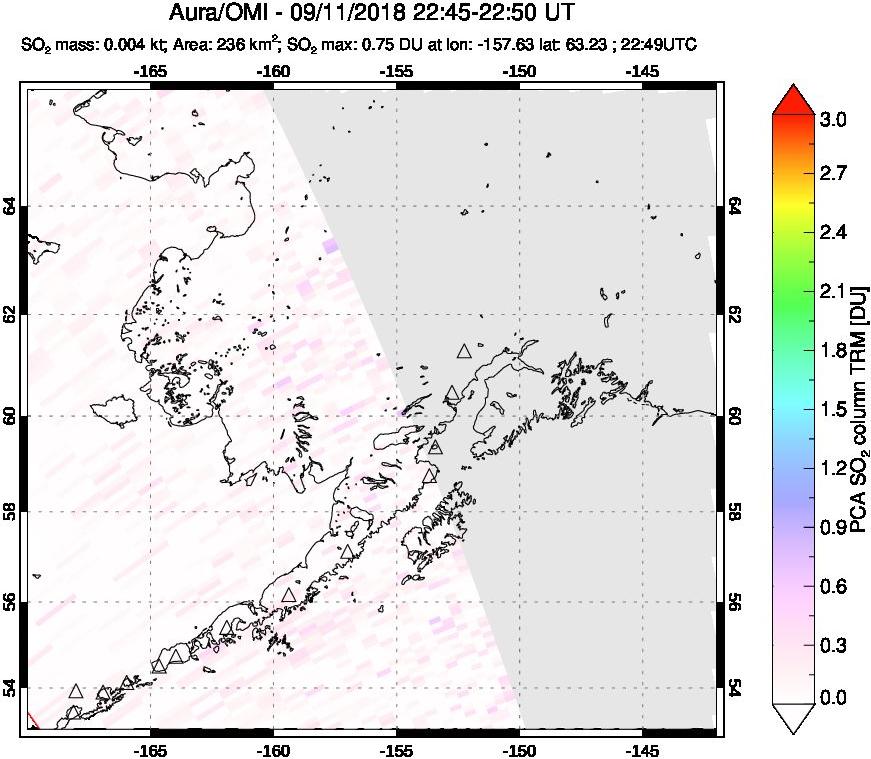 A sulfur dioxide image over Alaska, USA on Sep 11, 2018.